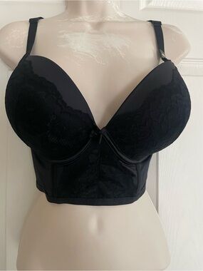 Black Lace Longline Push-Up Plunge Bra - 42C